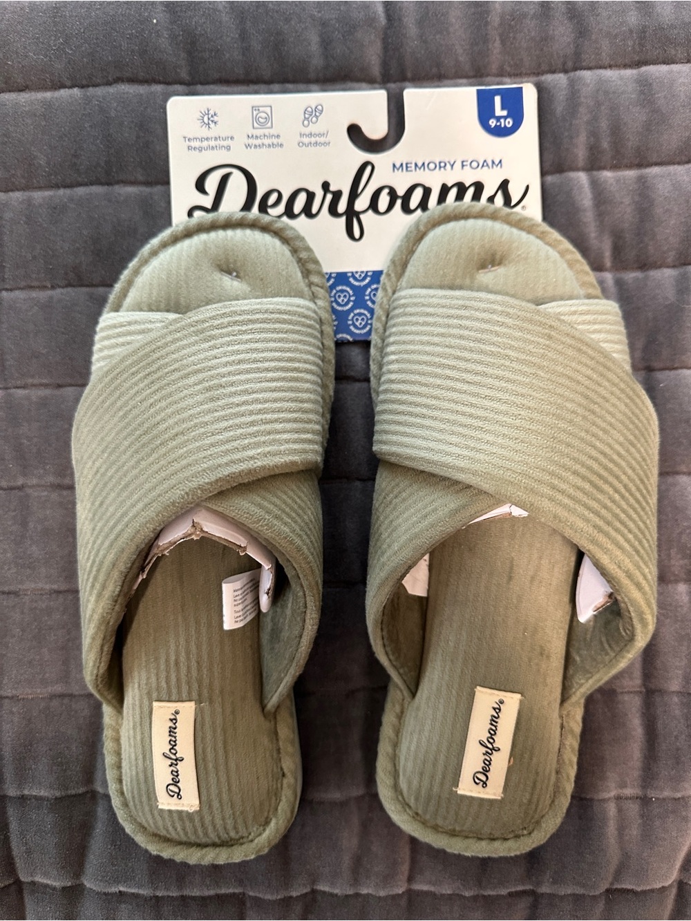 dearfoams Women's Olive Green Memory Foam Crossband Slide Slippers